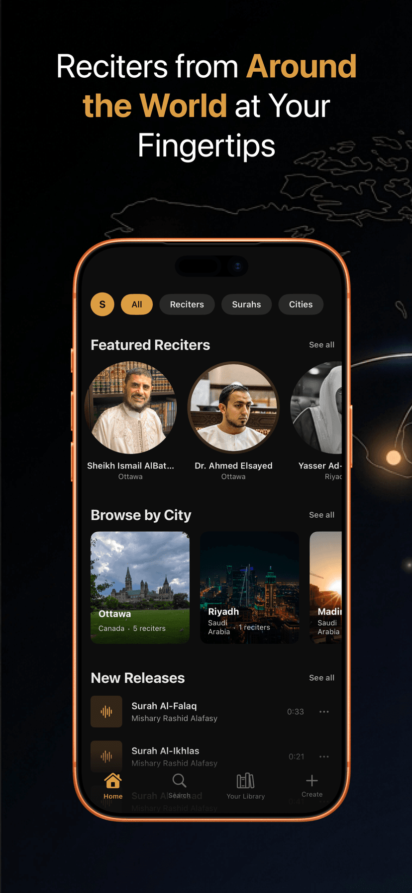 Aswaat home screen, featured reciters, browse by city, new releases