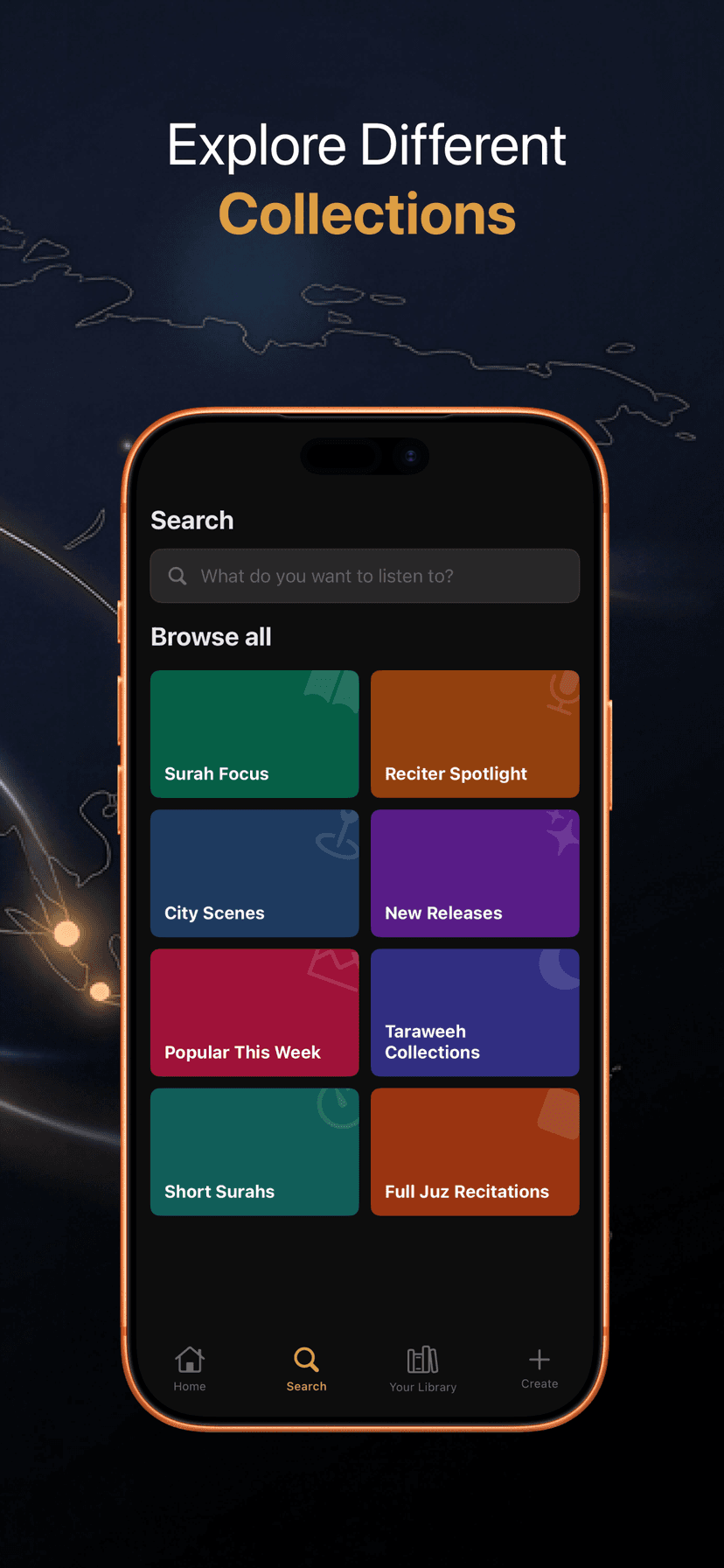 Explore different collections, surah focus, reciter spotlight, city scenes