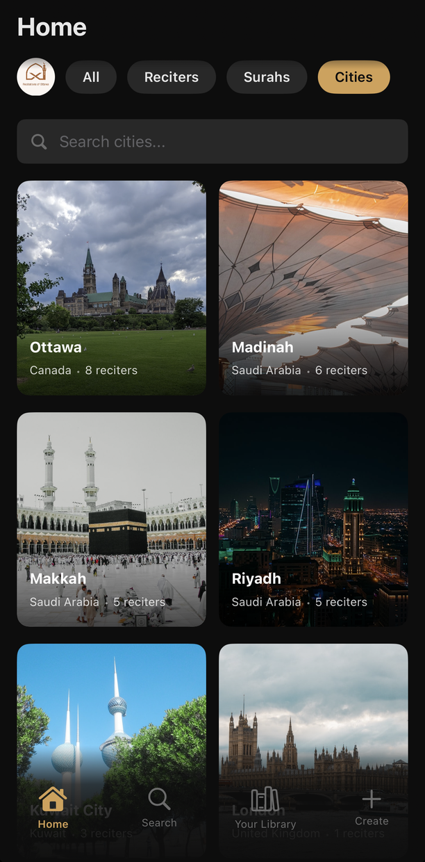 Browsing Quran reciters by city in Ayaat: Ottawa, Madinah, Makkah and Riyadh